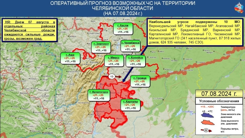 Ежедневный оперативный прогноз возникновения чрезвычайных ситуаций на территории Челябинской области на 07 августа 2024 года