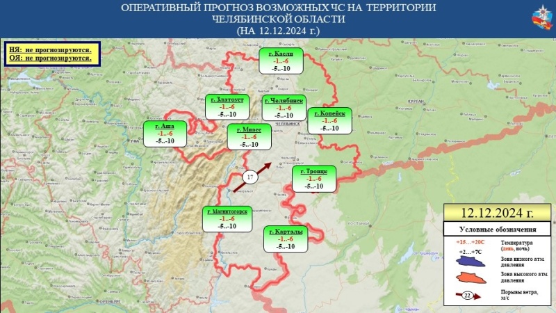 Ежедневный оперативный прогноз возникновения чрезвычайных ситуаций на территории Челябинской области на 12 декабря 2024 год