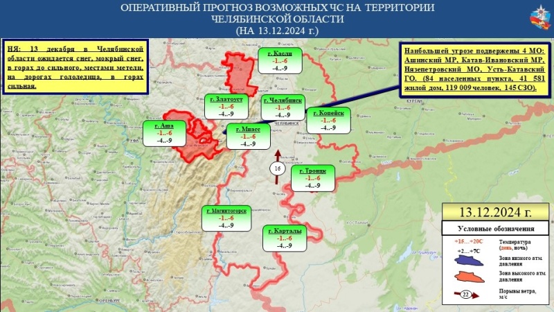 Ежедневный оперативный прогноз возникновения чрезвычайных ситуаций на территории Челябинской области на 13 декабря 2024 год